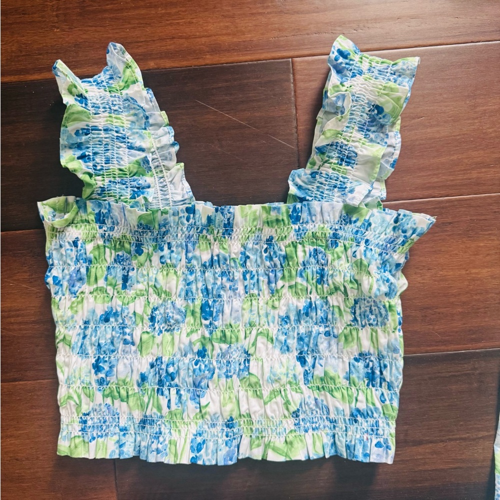 Hill House Blue and Green Smocked Ruffled Blouse